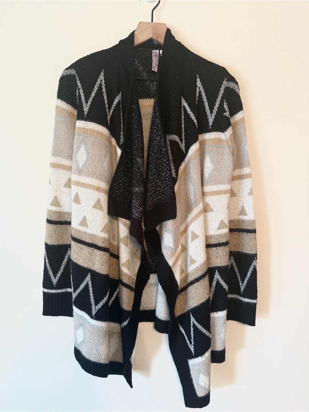 Black Beige Geometric Open Front Cardigan Sweater | Metallic Thread | Cozy Boho